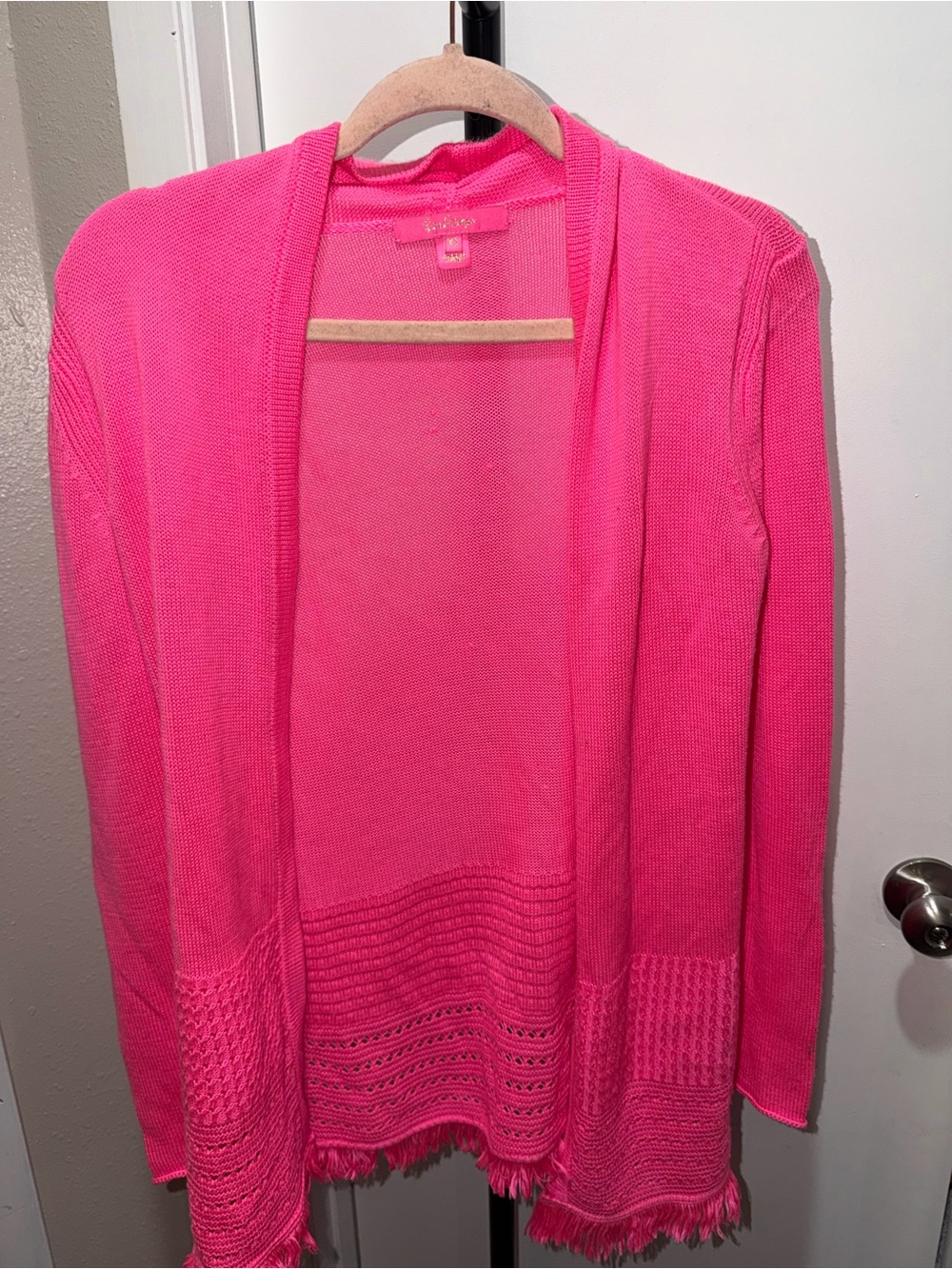 Lilly Pulitzer Tatum Cardigan Pink Fringe Hem Open Front Sweater Size XS